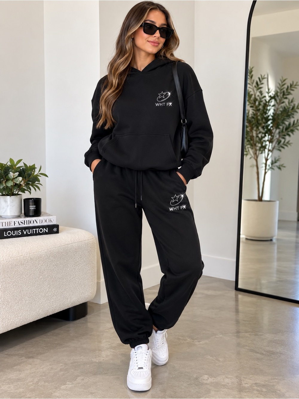 White Fox Boutique XXS Black Rhinestone Hoodie Jogger Sweat Set Tracksuit 2 Piec